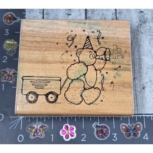 Dots Celebrating Bear Wagon Hat Q105 Rubber Stamp Wood #P82